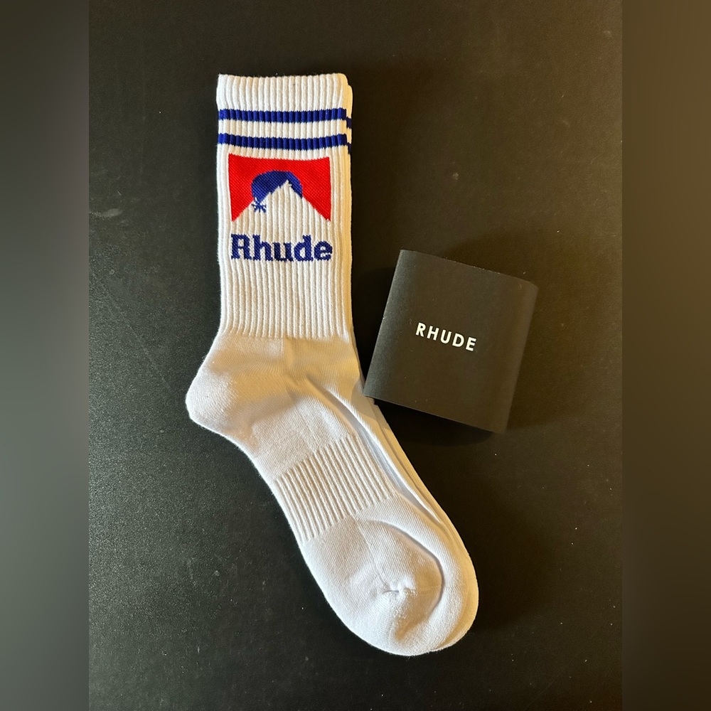 Rhude Moonlight Red & Blue Mountain Logo Ribbed Socks - White
